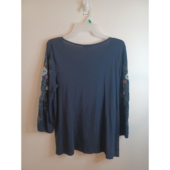 J. Jill Pullover Top Blouse SP Navy Blue Floral Embroidered Sleeves Boho Peasant - Picture 7 of 8